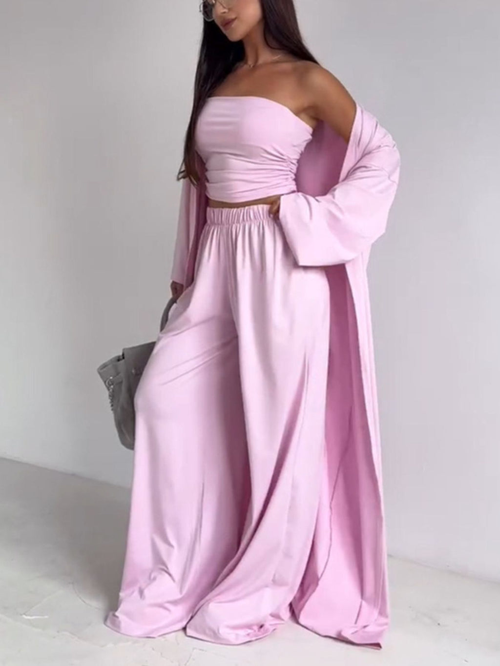 Women Three Piece Tube Top Cardigan and Wide Leg Pants Set
