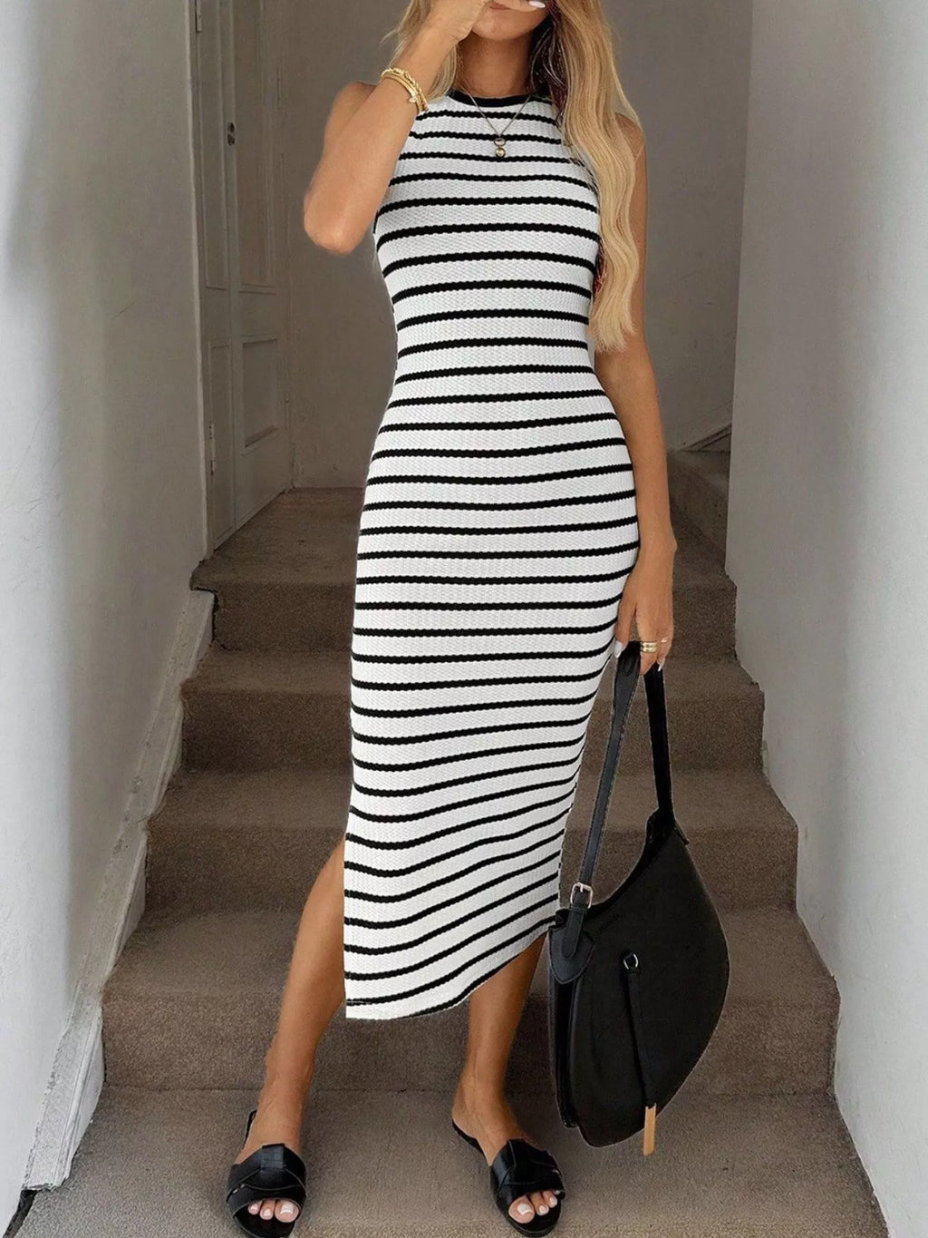 Sleeveless Striped Midi Dress with Side Slit Black and White