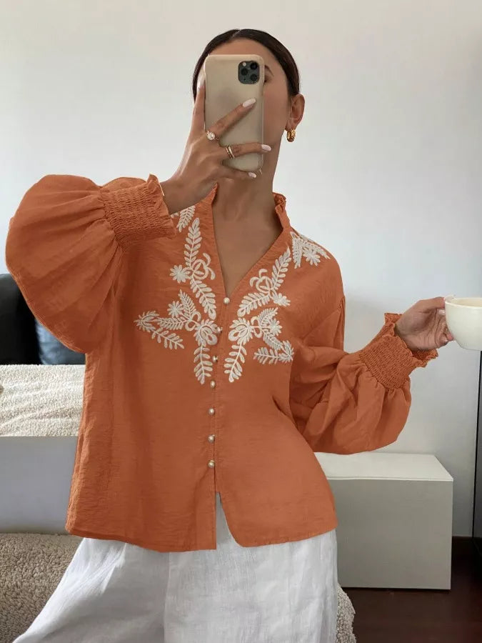 Women's Embroidered White Long Sleeve Notched Collar Blouse