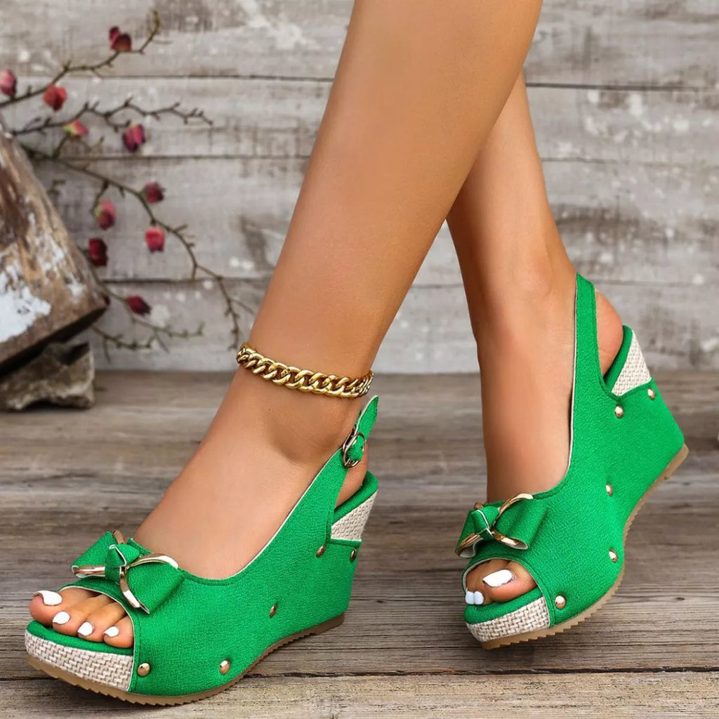 Peep Toe Wedge Sandals with Bow Detail and Slingback Strap