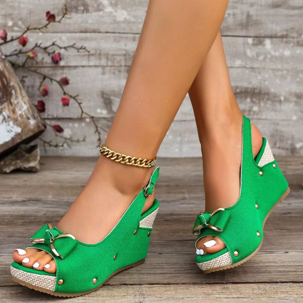 Peep Toe Wedge Sandals with Bow Detail and Slingback Strap
