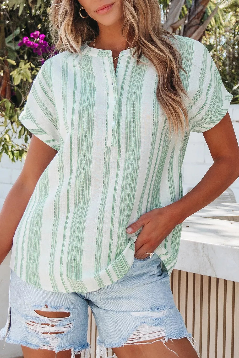 Women's Breathable Gauze Half Button Short Sleeve Casual Blouse