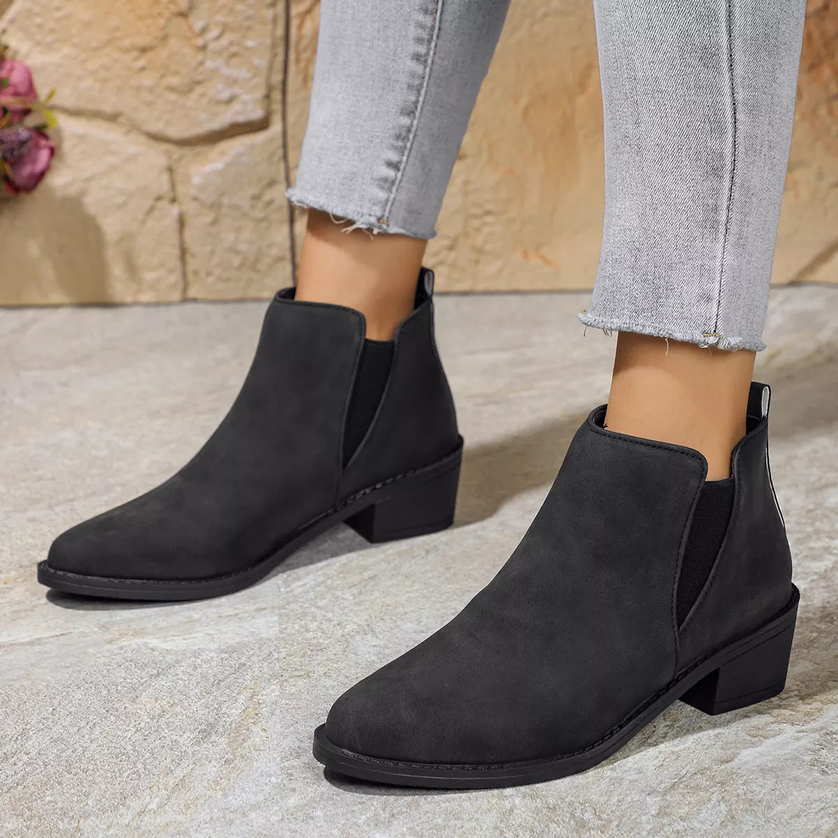 Women's Black Point Toe Mid Block Heel Ankle Boots