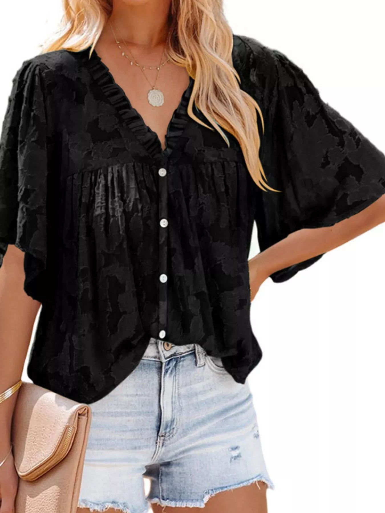 Full Size Textured V-Neck Button-Down Shirt Plus Size