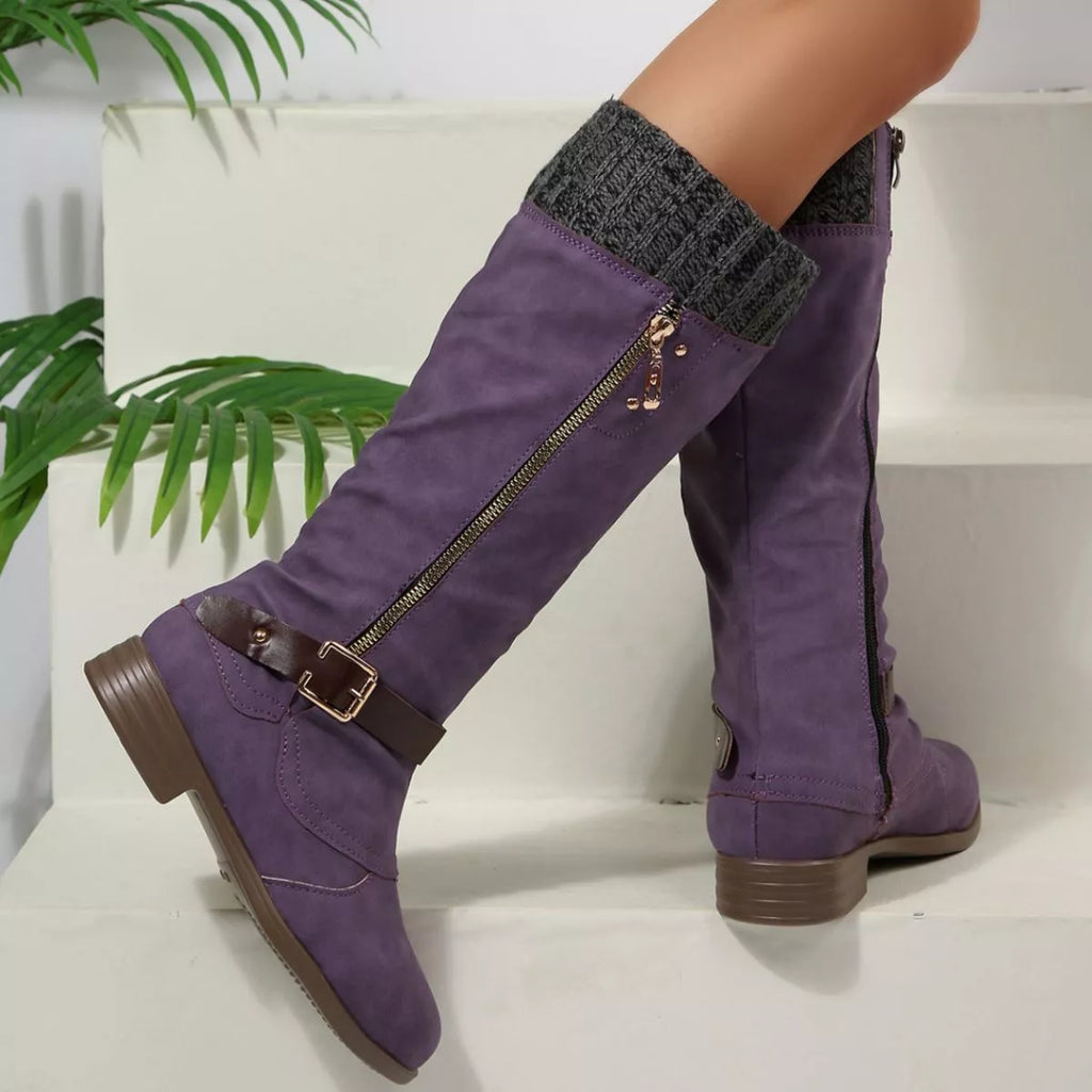 Women Black Suede Mid-Calf Boots with Knit Cuff and Buckle Detail