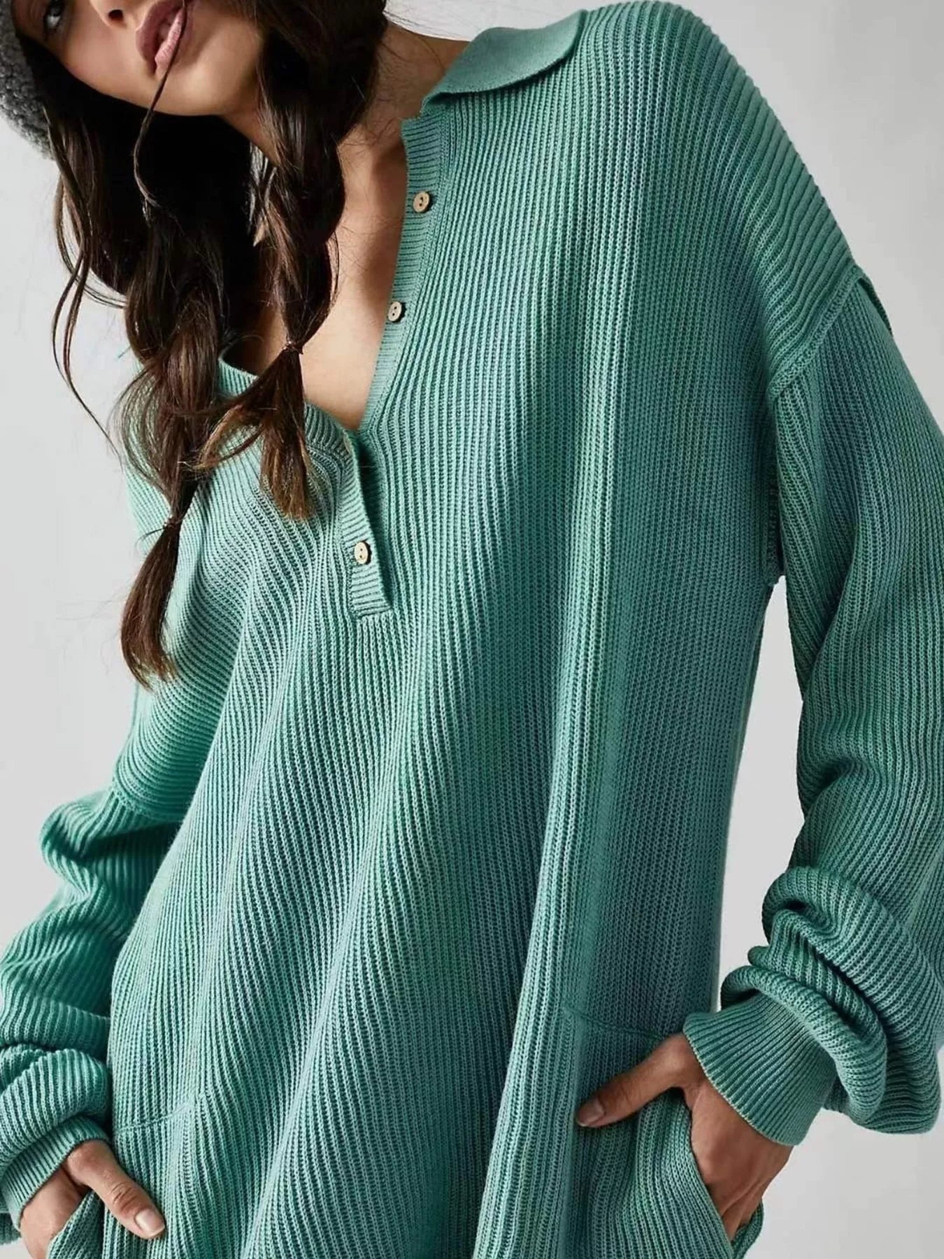 Women's Ribbed Knit Long Sleeve Romper with Pockets