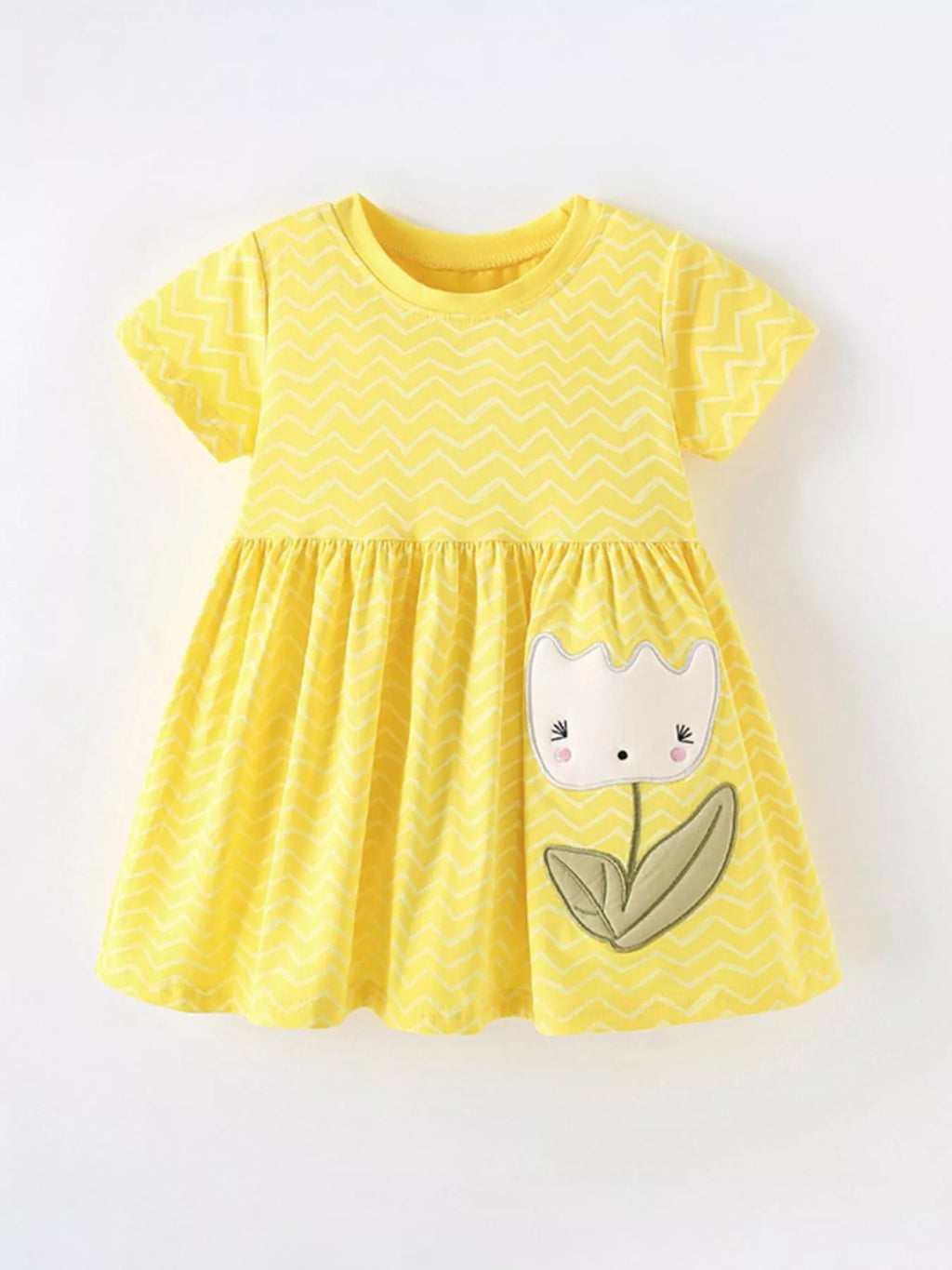 Yellow Chevron Stripe Dress with Cute Flower Applique for Girls