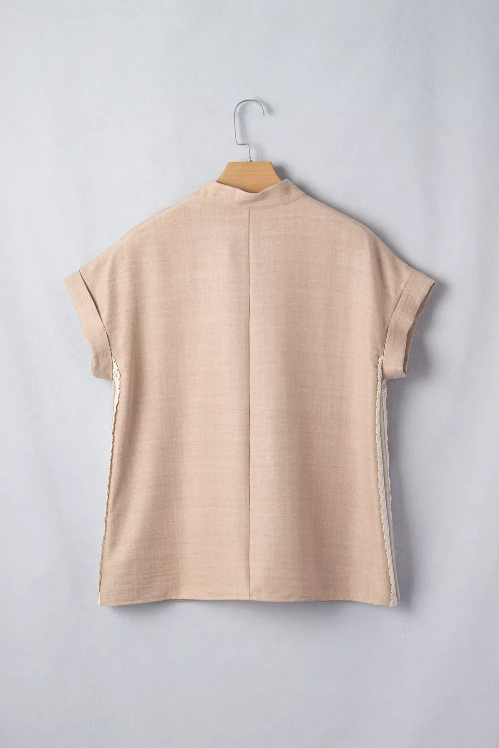 Beige Crochet Lace Trim Blouse with Rolled Short Sleeves