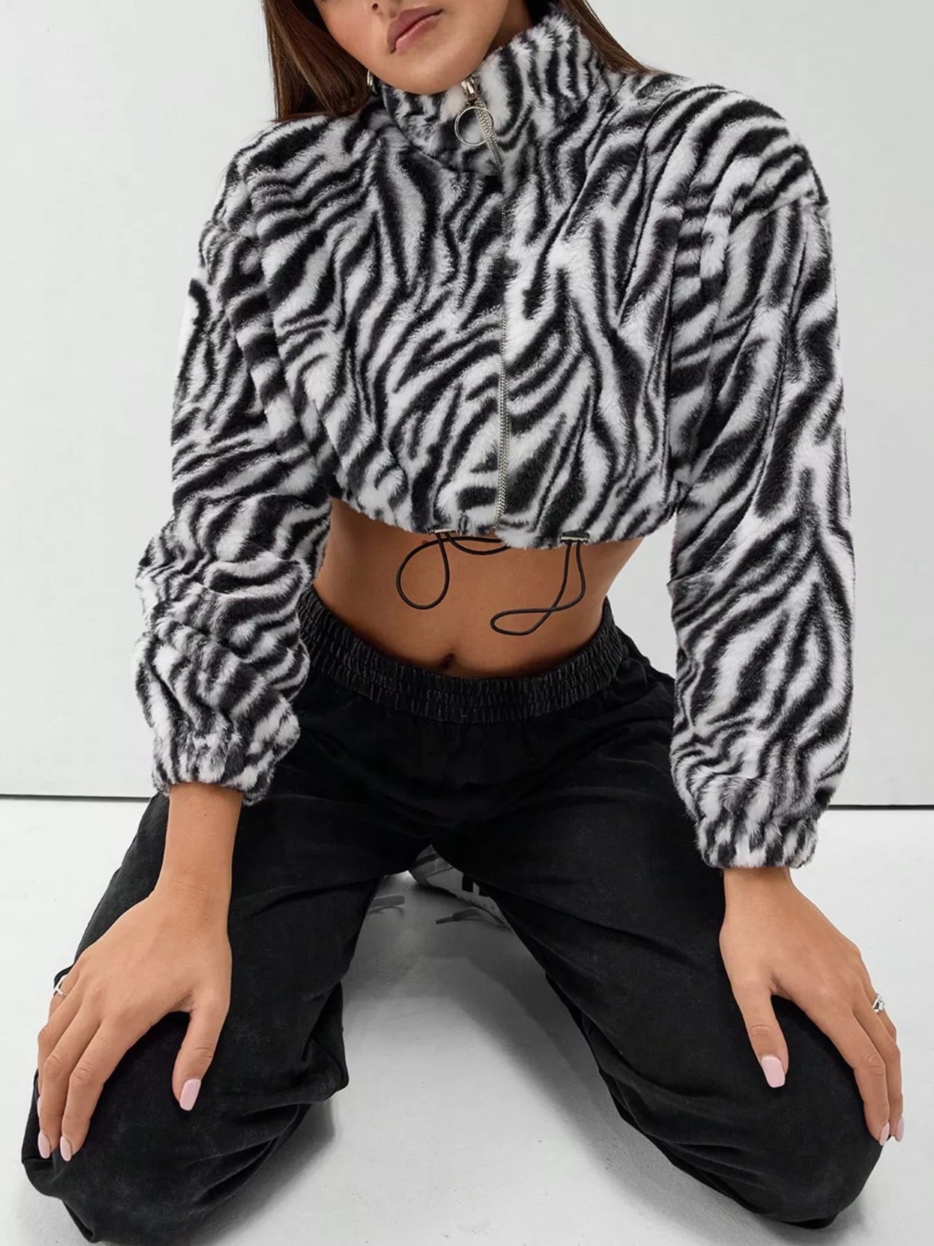 Zebra Print Plush Cropped Jacket | Women's Relaxed Fit