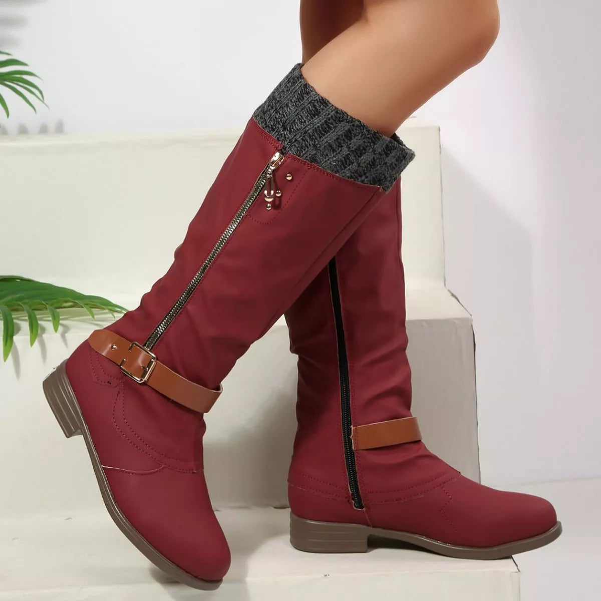 Women Black Suede Mid-Calf Boots with Knit Cuff and Buckle Detail