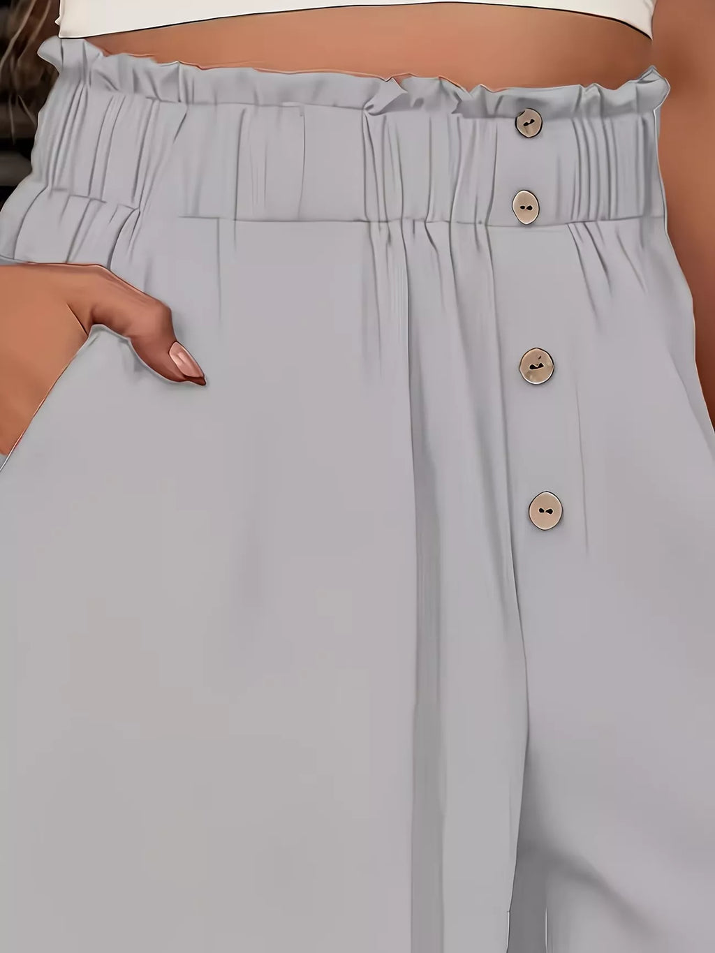 Beige High-Waisted Wide-Leg Pants with Button Detail