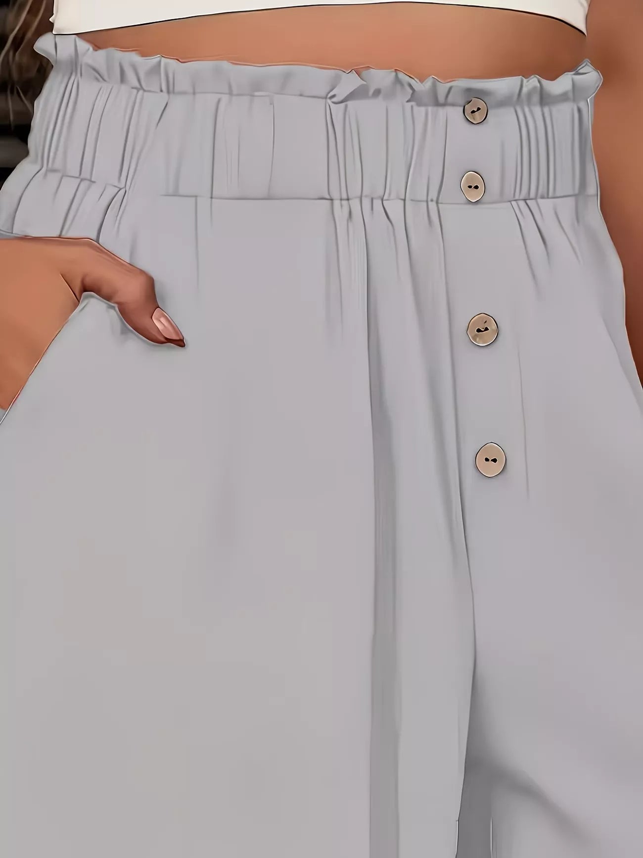 Beige High-Waisted Wide-Leg Pants with Button Detail