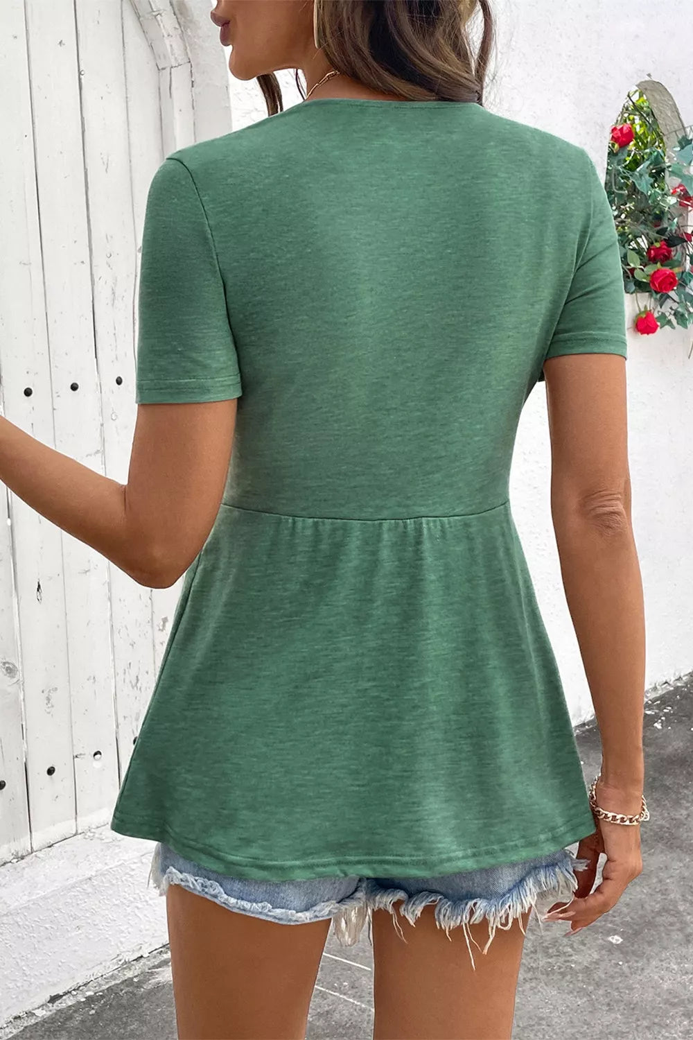 Green Twist Knot V Neck Short Sleeve Blouse