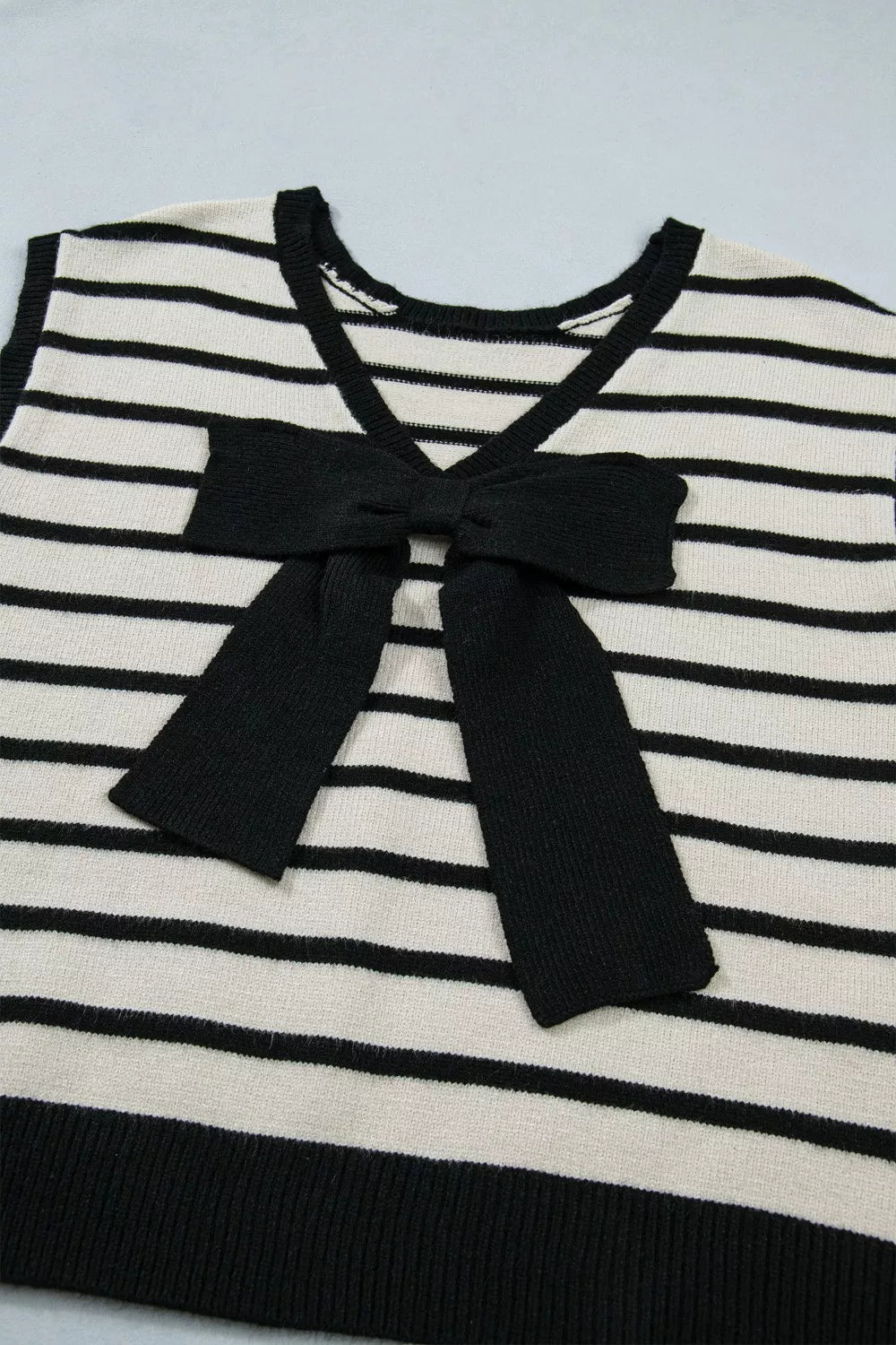 Short Sleeve Striped Sweater with Front Bow Detail