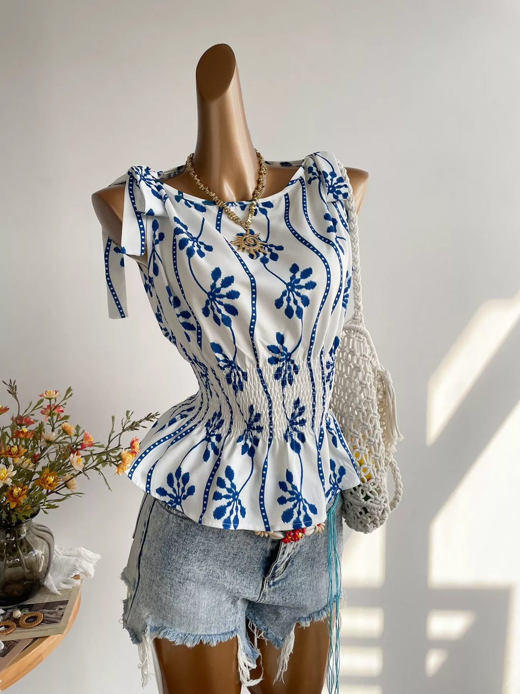 Women's Smocked Tie Shoulder Blouse with Style