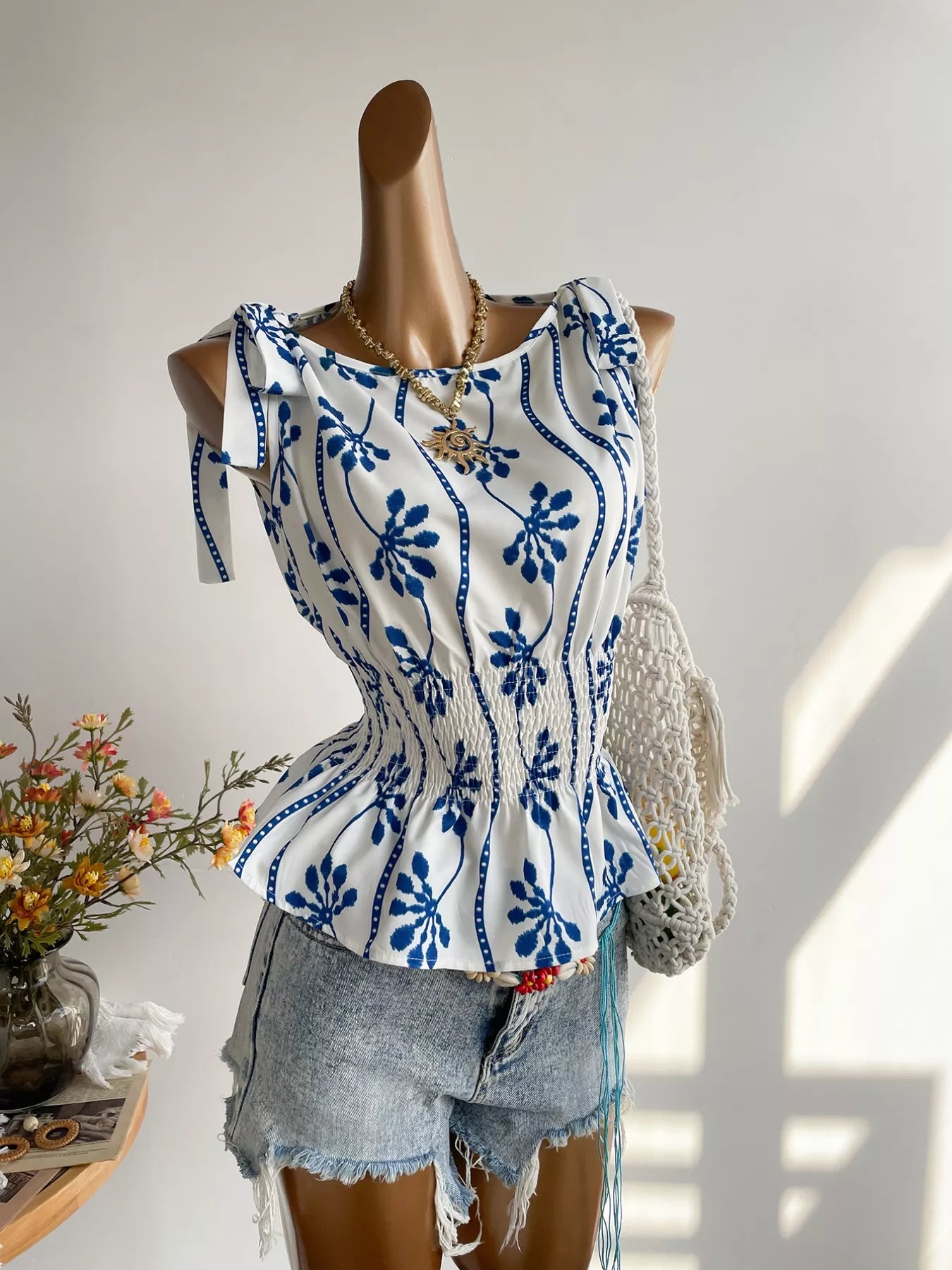 Women's Smocked Tie Shoulder Blouse with Style