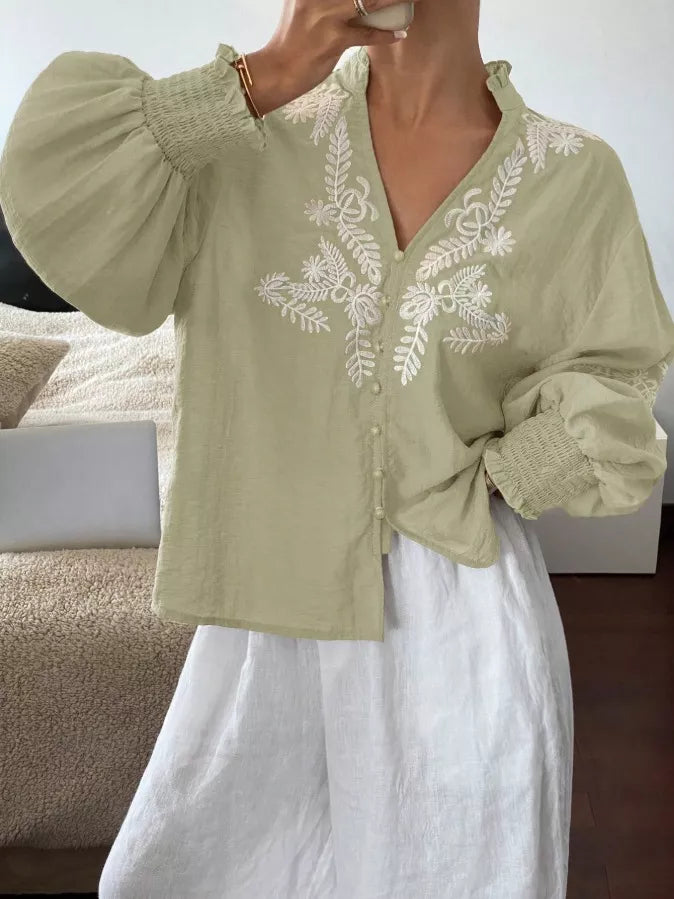 Women's Embroidered White Long Sleeve Notched Collar Blouse