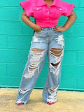 Distressed Wide Leg Denim Jeans in Light Wash