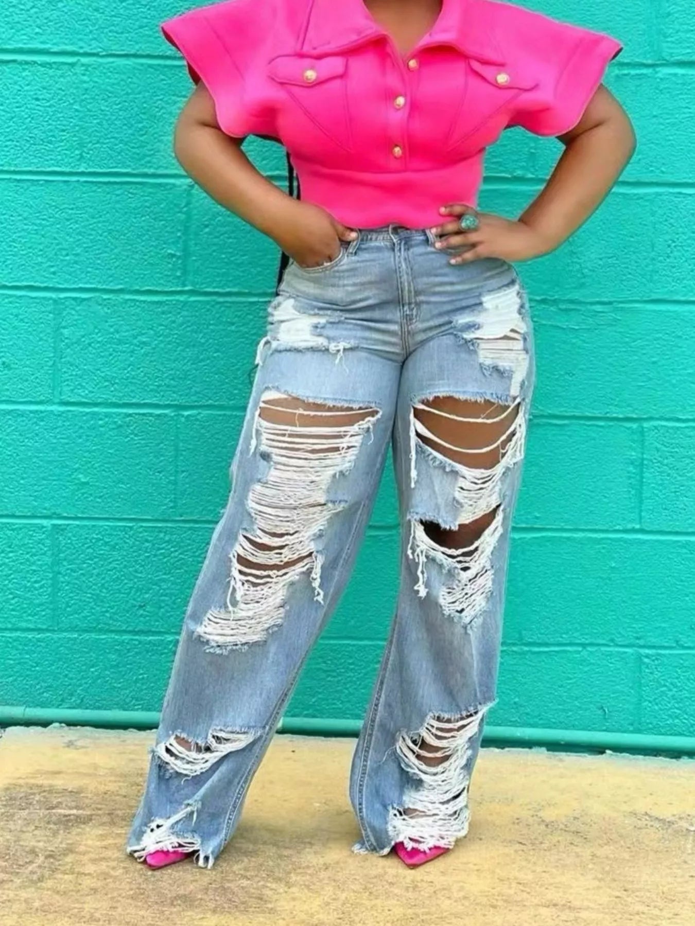 Distressed Wide Leg Denim Jeans in Light Wash