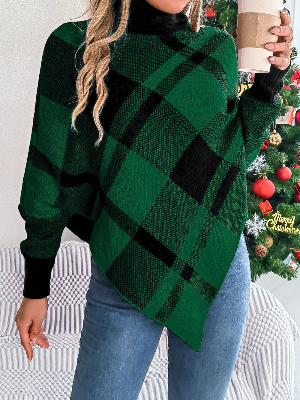 Women's Plaid Turtleneck Batwing Sleeve Sweater in Red and Black