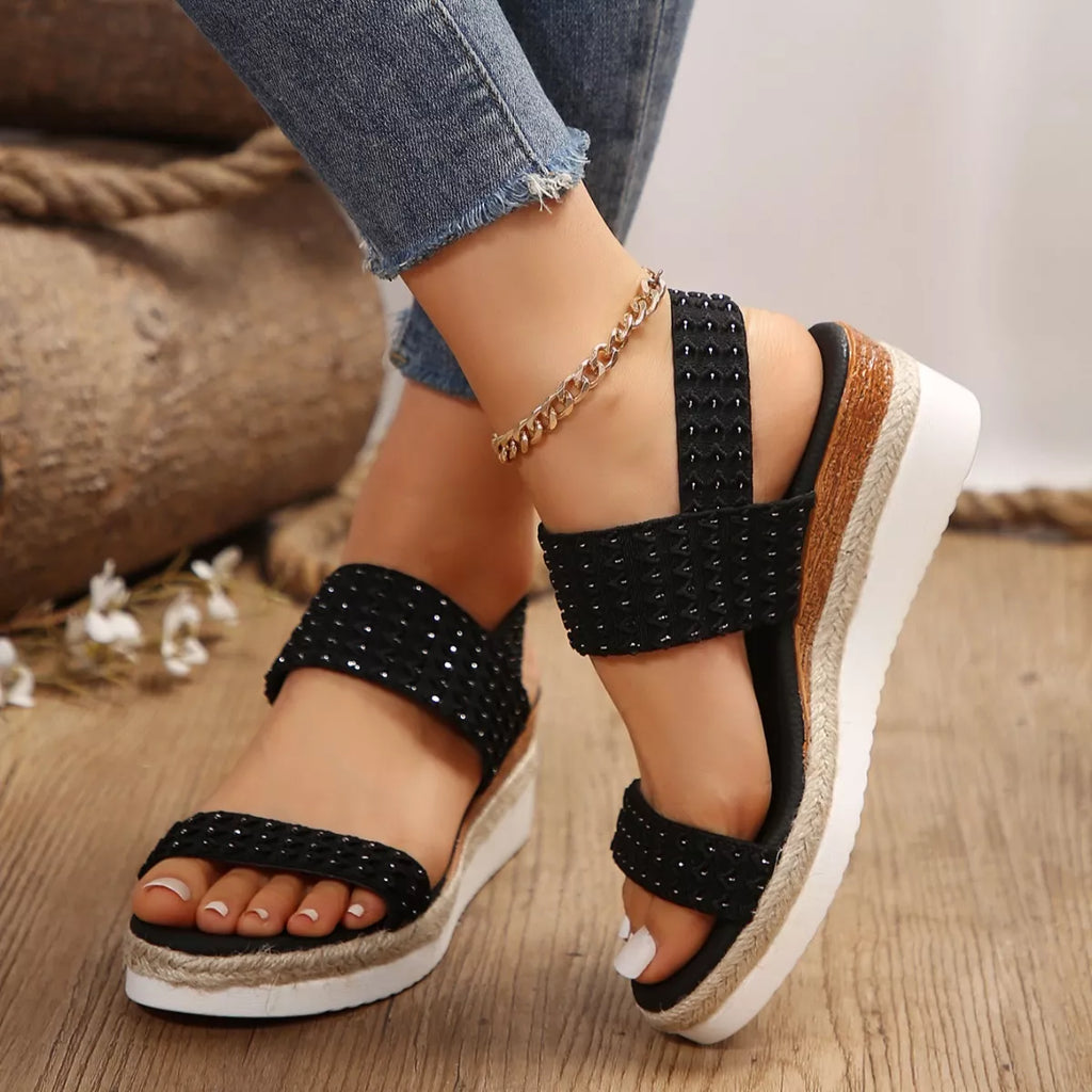 Woven Elastic Strap Platform Wedge Sandals
