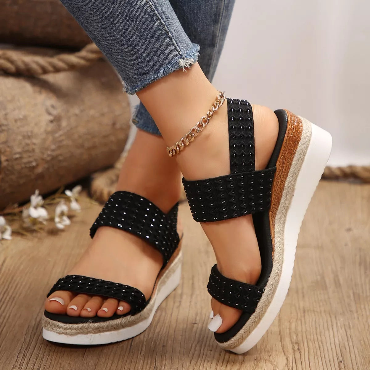 Woven Elastic Strap Platform Wedge Sandals