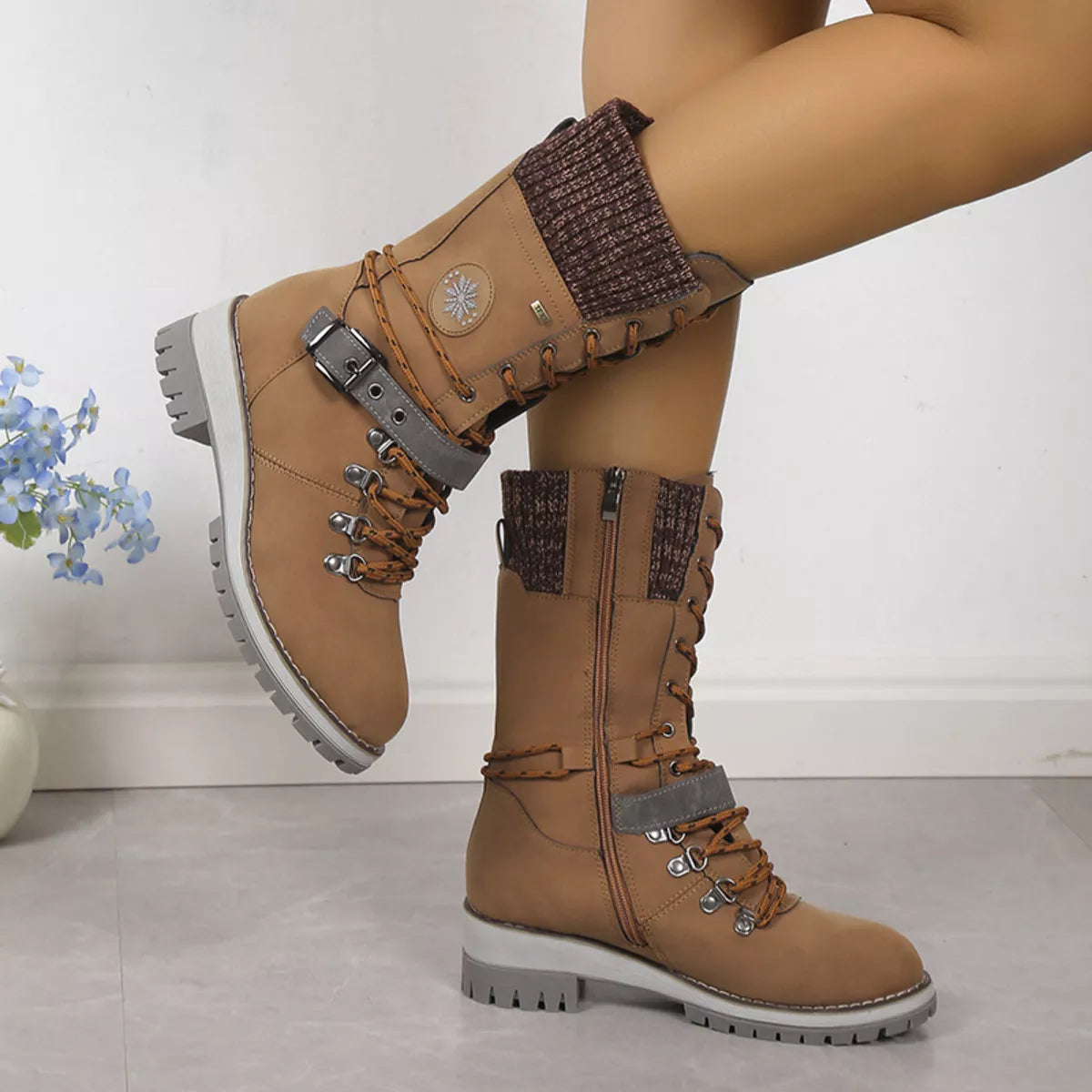 Women's Grey Lace Up Winter Boots with Knit Cuff and Buckle Detail