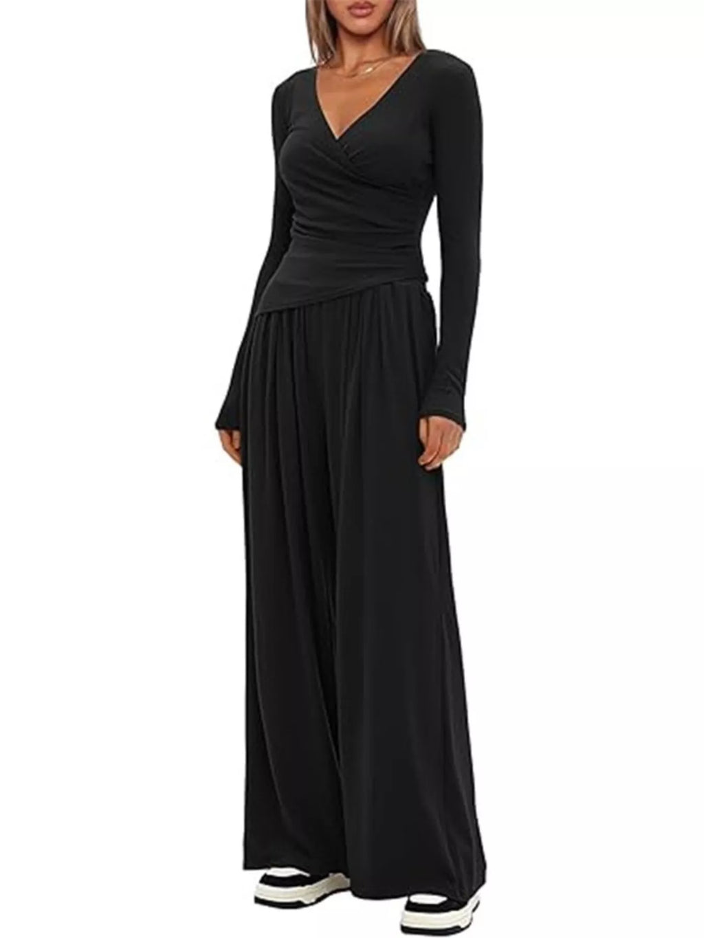 Women's Casual Long Sleeve V-Neck Top and Wide Leg Pants Lounge Set