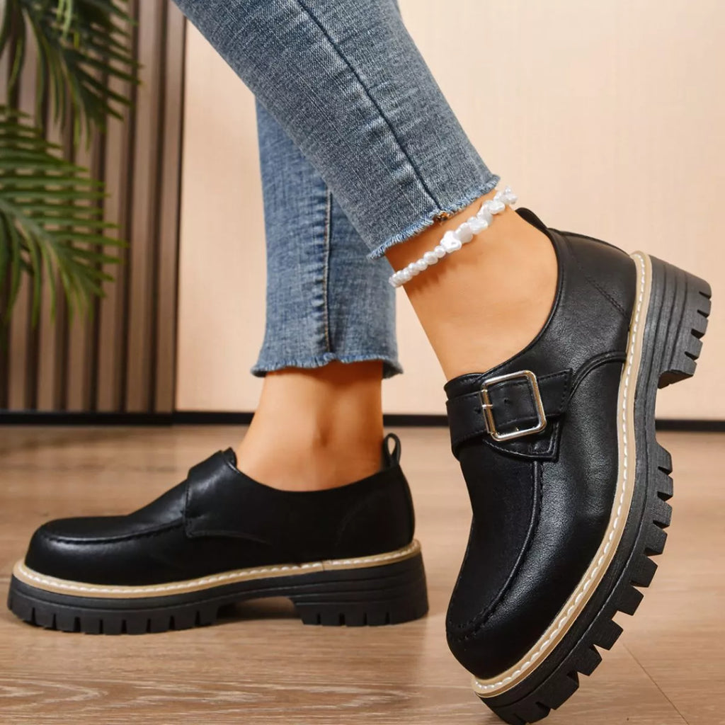 Women's Burgundy Round Toe Buckle Loafers Mid Heel Casual Shoes