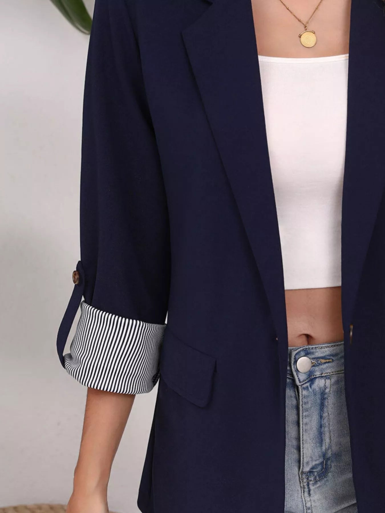 Women's Black Lapel Blazer with Striped Roll-Up Sleeves