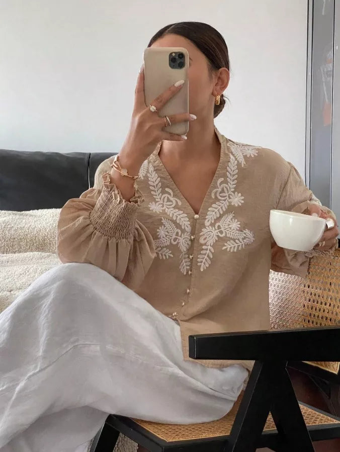 Women's Embroidered White Long Sleeve Notched Collar Blouse