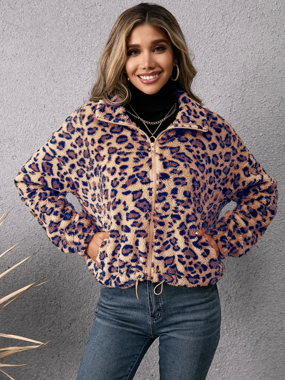 Women's Leopard Print Fleece Zip Up Jacket with Drawstring