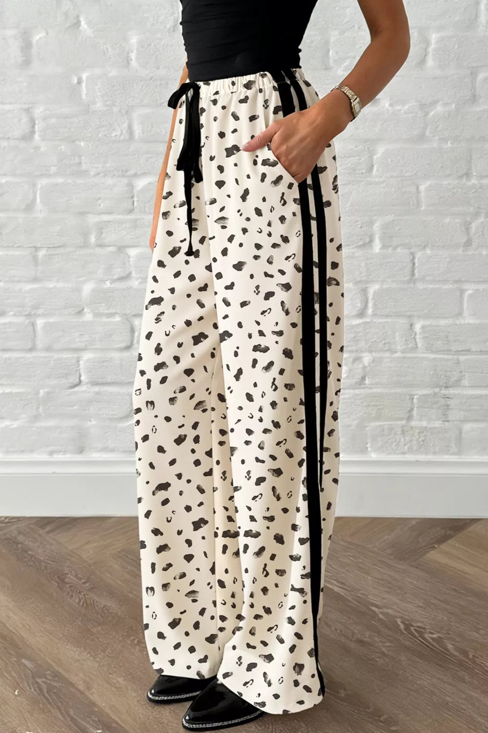 Leopard Print Drawstring Pants with Black Side Stripe Detail
