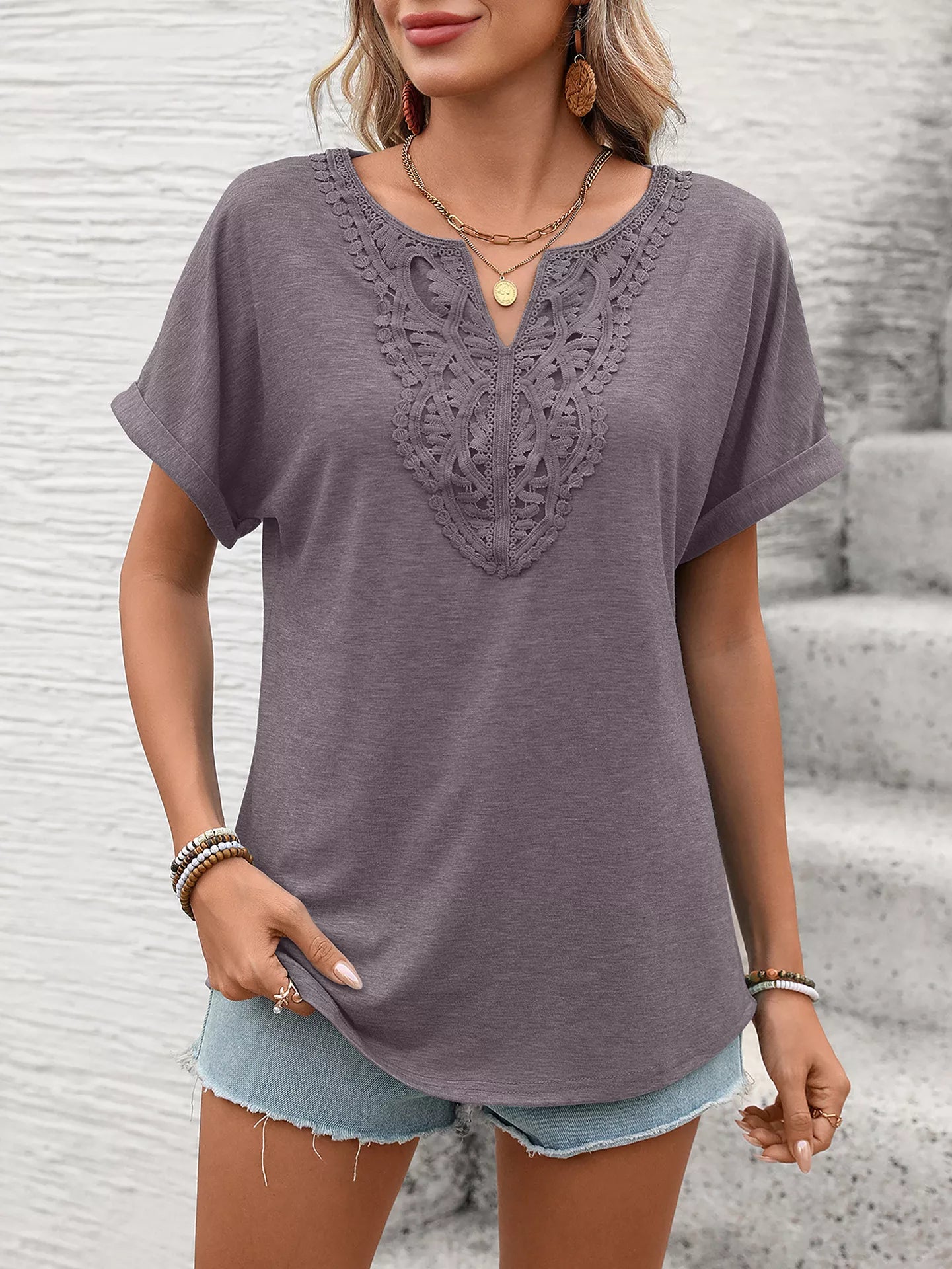 Lace Trim Short Sleeve T-Shirt