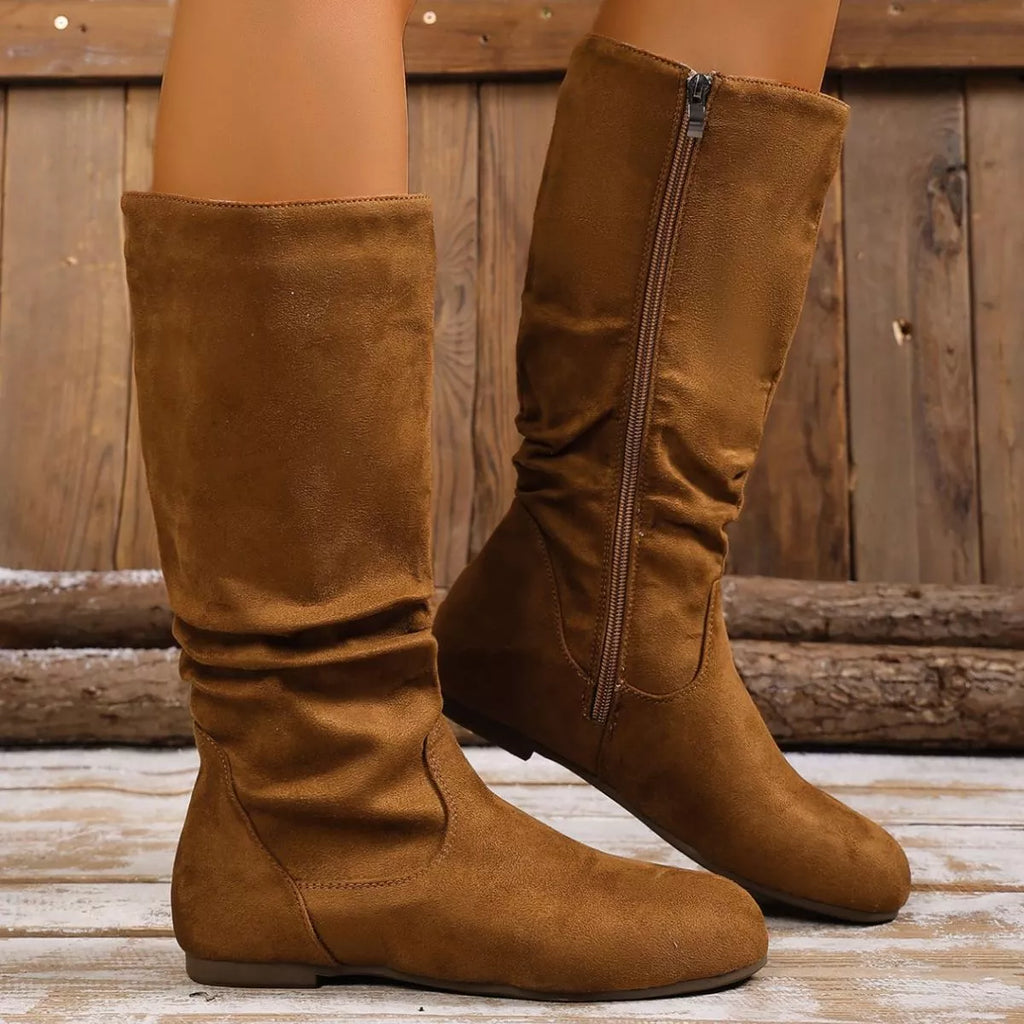 Women's Round Toe Side Zip Suede Mid-Calf Boots