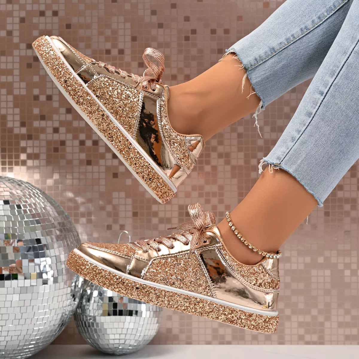 Women's Sequin Lace Up Sneakers - Gold, Silver & Champagne