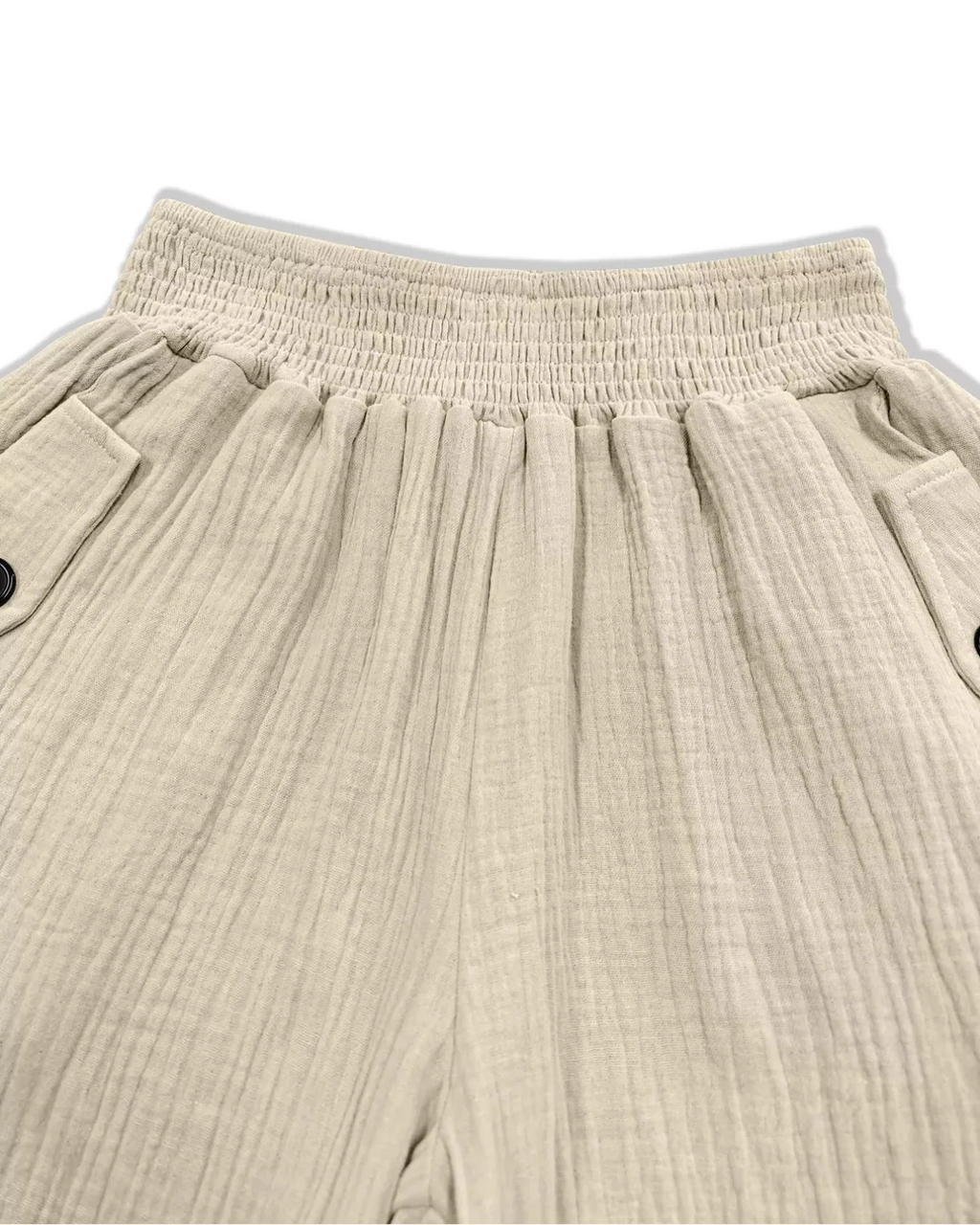 Women's Beige Textured Smocked Waist Casual Pants with Pockets