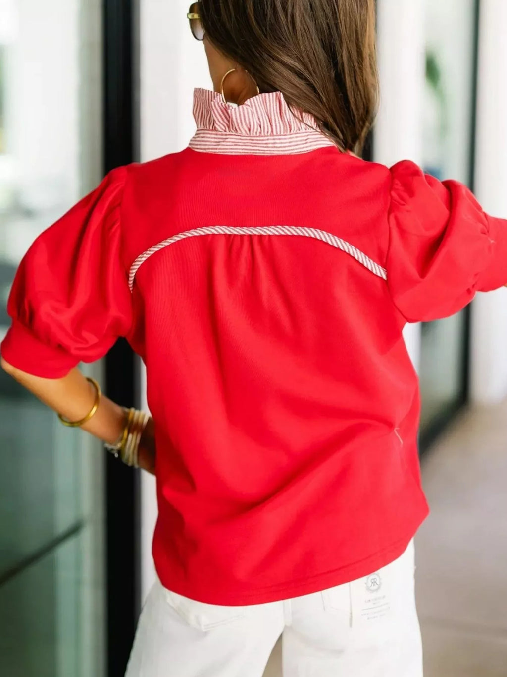 Pink Notched Neck Short Puff Sleeve Blouse with Button Detail