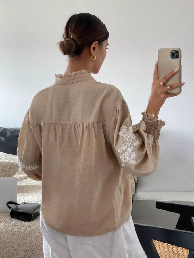 Women's Embroidered White Long Sleeve Notched Collar Blouse