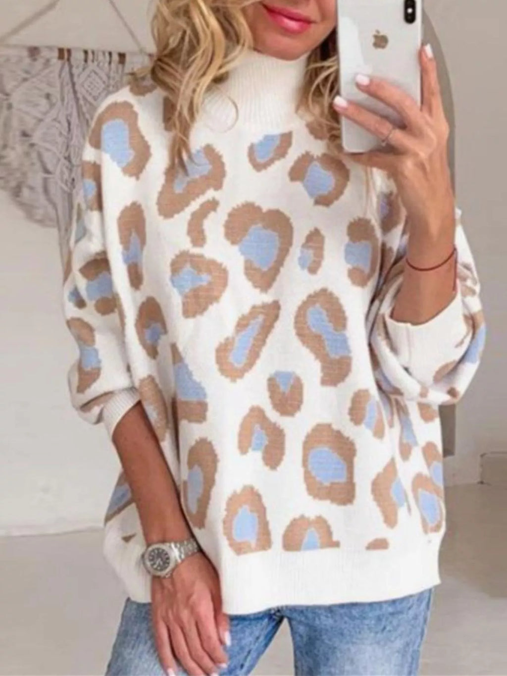 Women's Leopard Print High Neck Sweater in White Blue and Tan