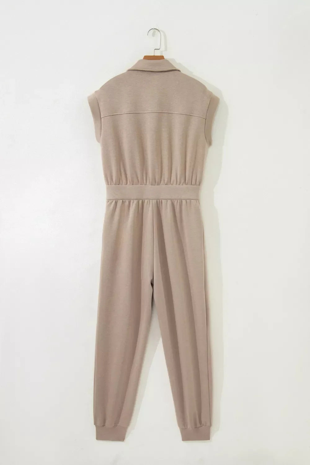Solid Taupe Zip Front Short Sleeve Collared Jumpsuit