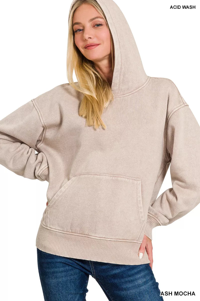 Zenana Acid Wash Fleece Hoodie with Kangaroo Pocket
