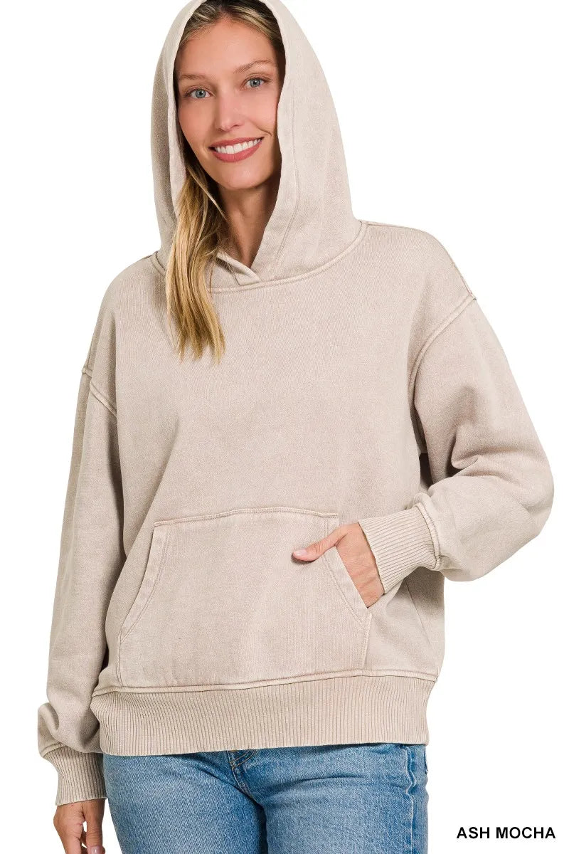 Zenana Acid Wash Fleece Hoodie with Kangaroo Pocket