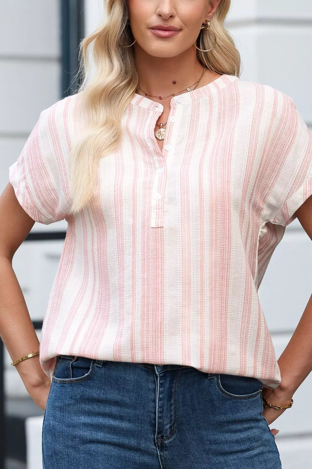 Women Striped Button Detail Short Sleeve Blouse Casual Shirt