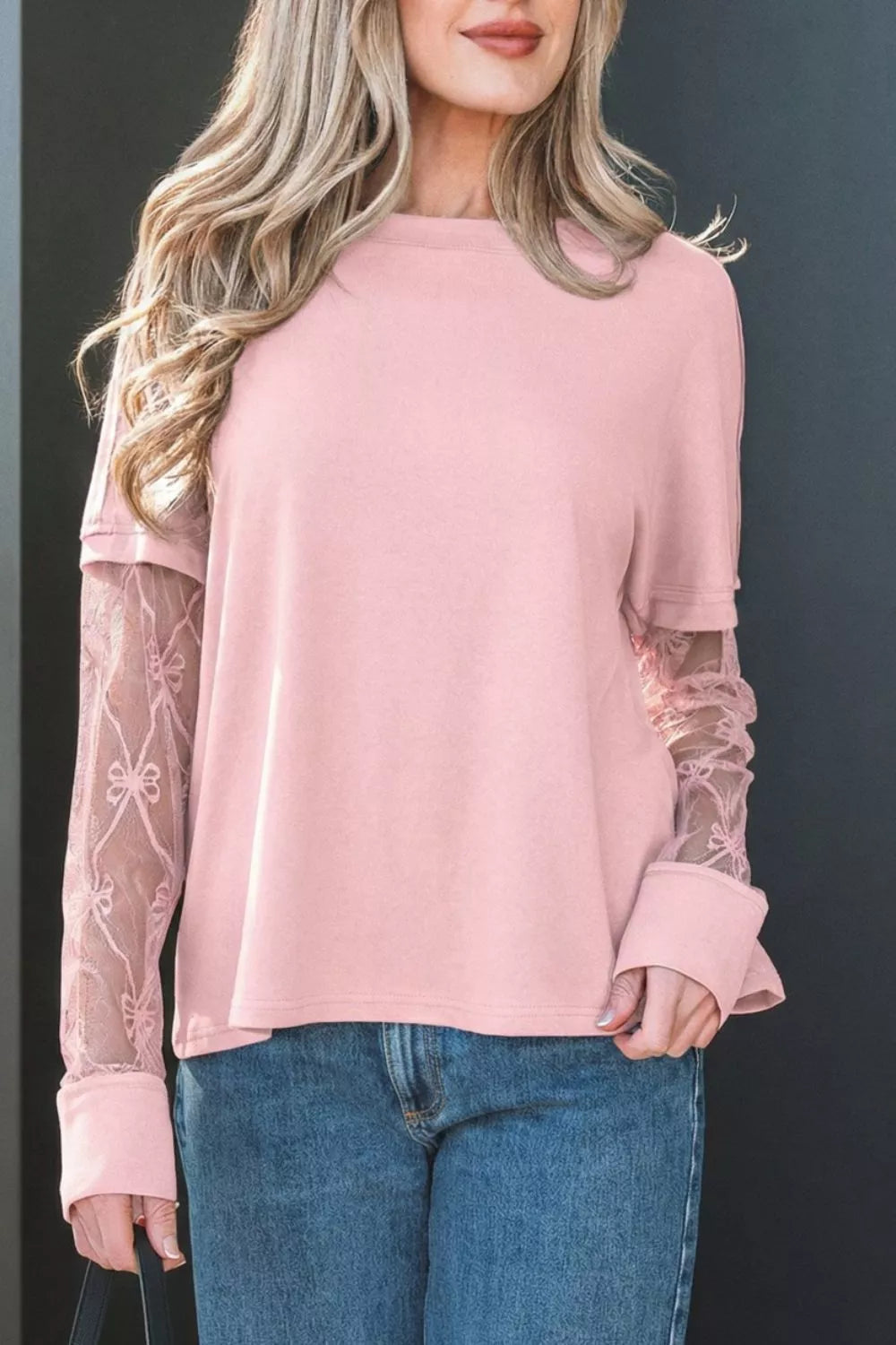 Pink Long Sleeve Tee with Sheer Lace Floral Patchwork Sleeves