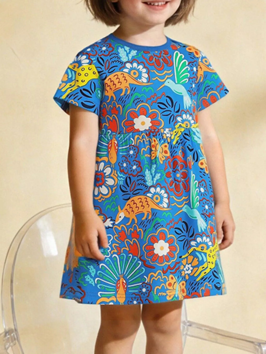 Girls Blue Short Sleeve Dress with Fun Animal and Floral Print