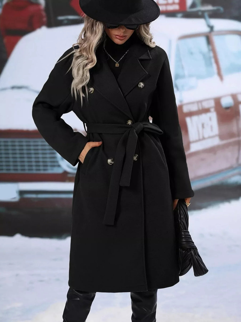 Women's Red Double-Breasted Lapel Collar Belted Long Overcoat