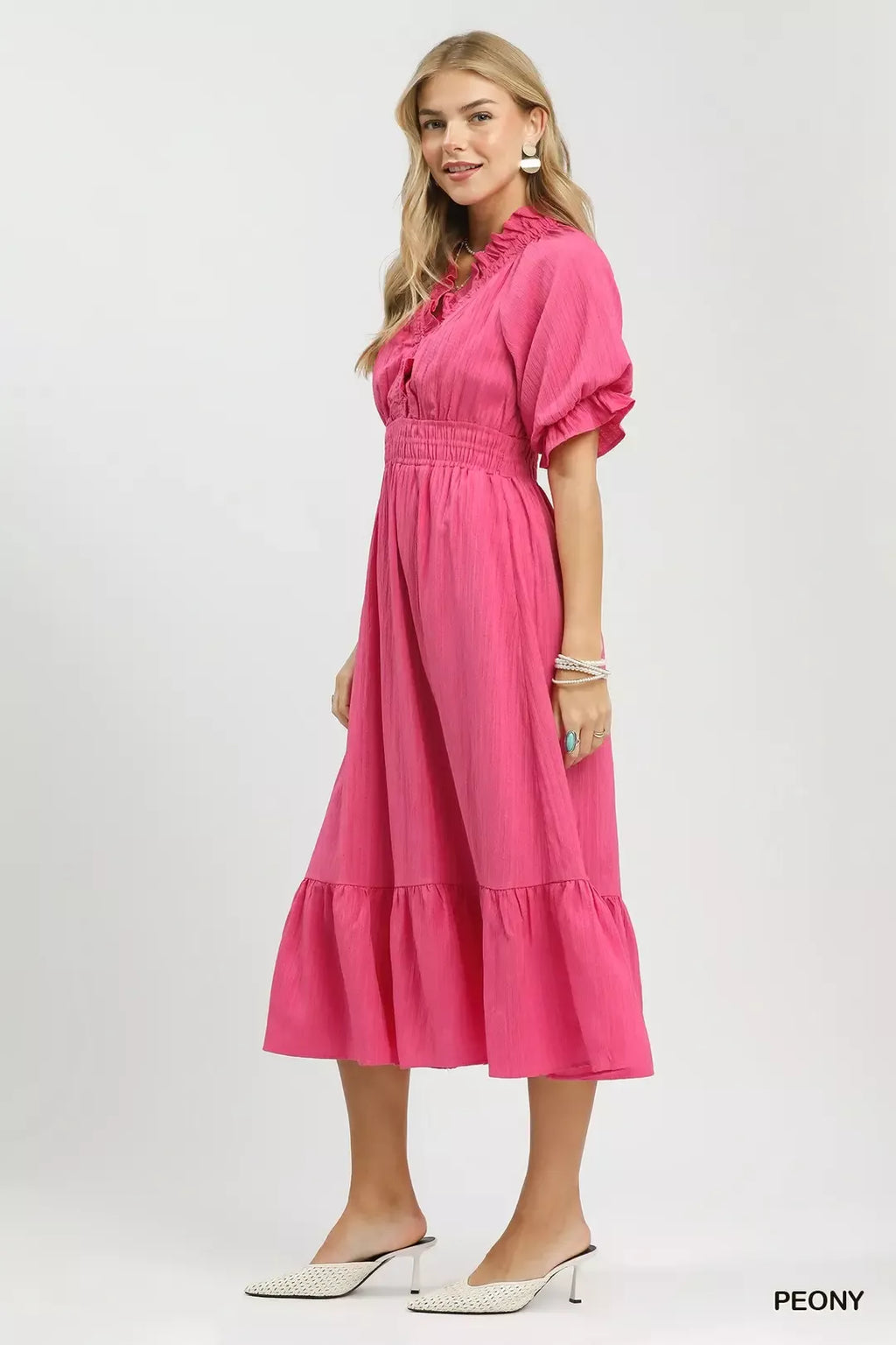 Peony Ruffle V-Neck Midi Dress with Pockets