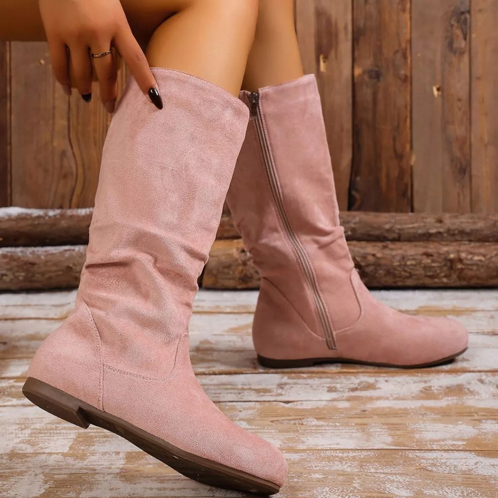 Women's Round Toe Side Zip Suede Mid-Calf Boots