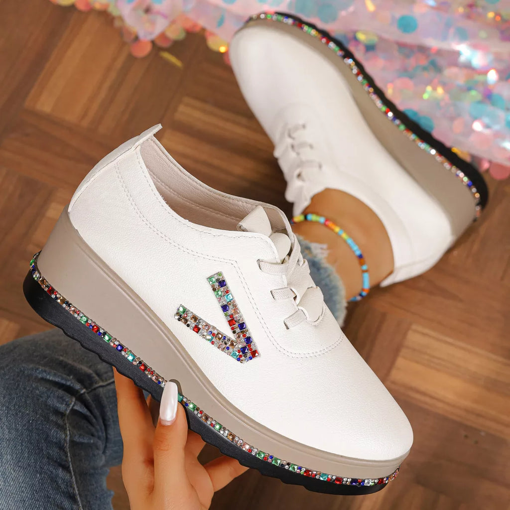 White Rhinestone Wedge Sneakers Mid Heel Comfort Walking Shoes
